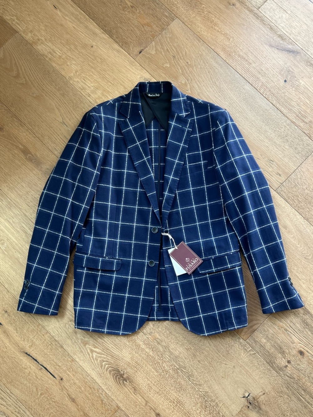 NWT Luigi Fusaro Men's Navy Windowpane Blazer | Classic Suit Jacket | Brand New